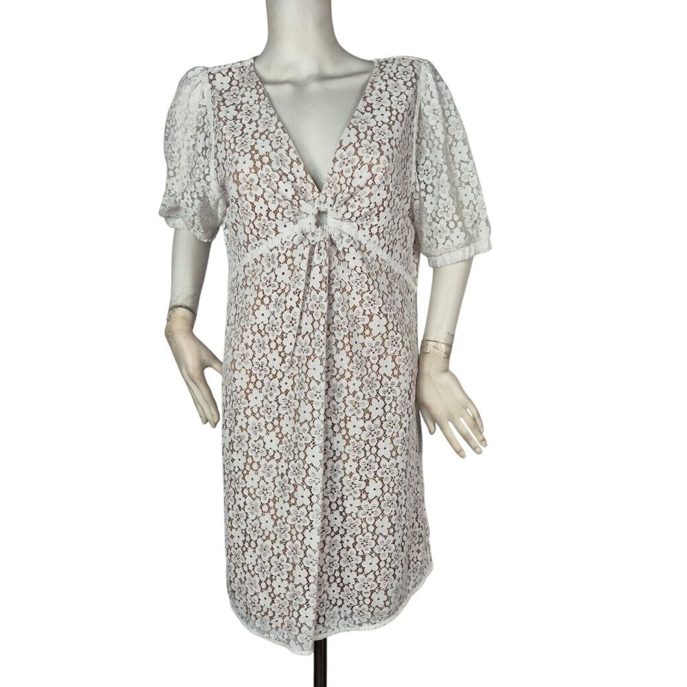 Michael Kors Women's Mini Dress Size 8 V Neck Lace White Lined Short Sleeve  (03